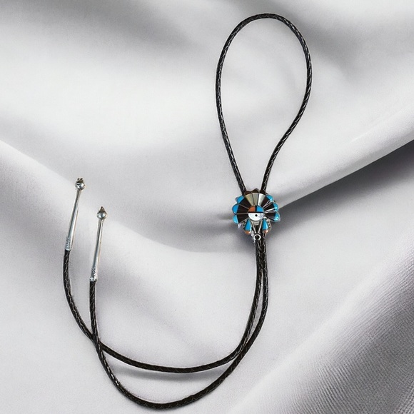 Vintage Bennett ZUNI Native American Headdress Sterling Turquoise Bolo Tie 37" - Picture 2 of 9